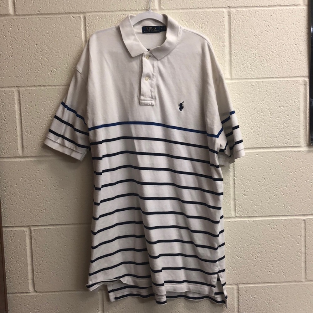 White polo with blue and black stripes